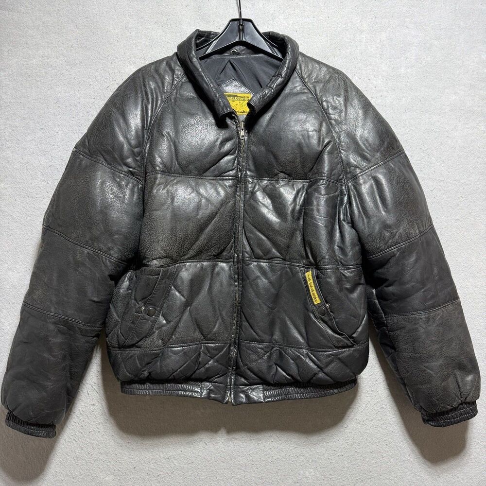 Vintage Double Goose Country Leather Down Puffer Jacket Men’s XL Black Rare Find